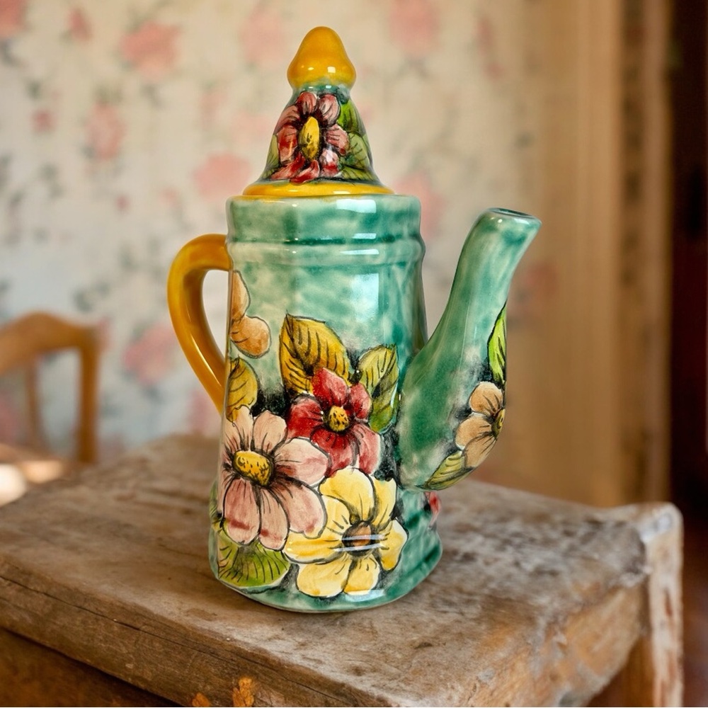 Colorful Majolica hand painted vintage floral teapot.  Made in Mexico.